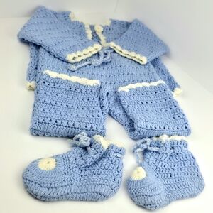 Blue and Cream Crochet Baby One Piece Set